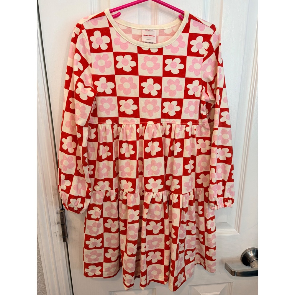 Hanna Andersson Dress Red Checkered Floral Tiered Organic Cotton Kids 5 110cm